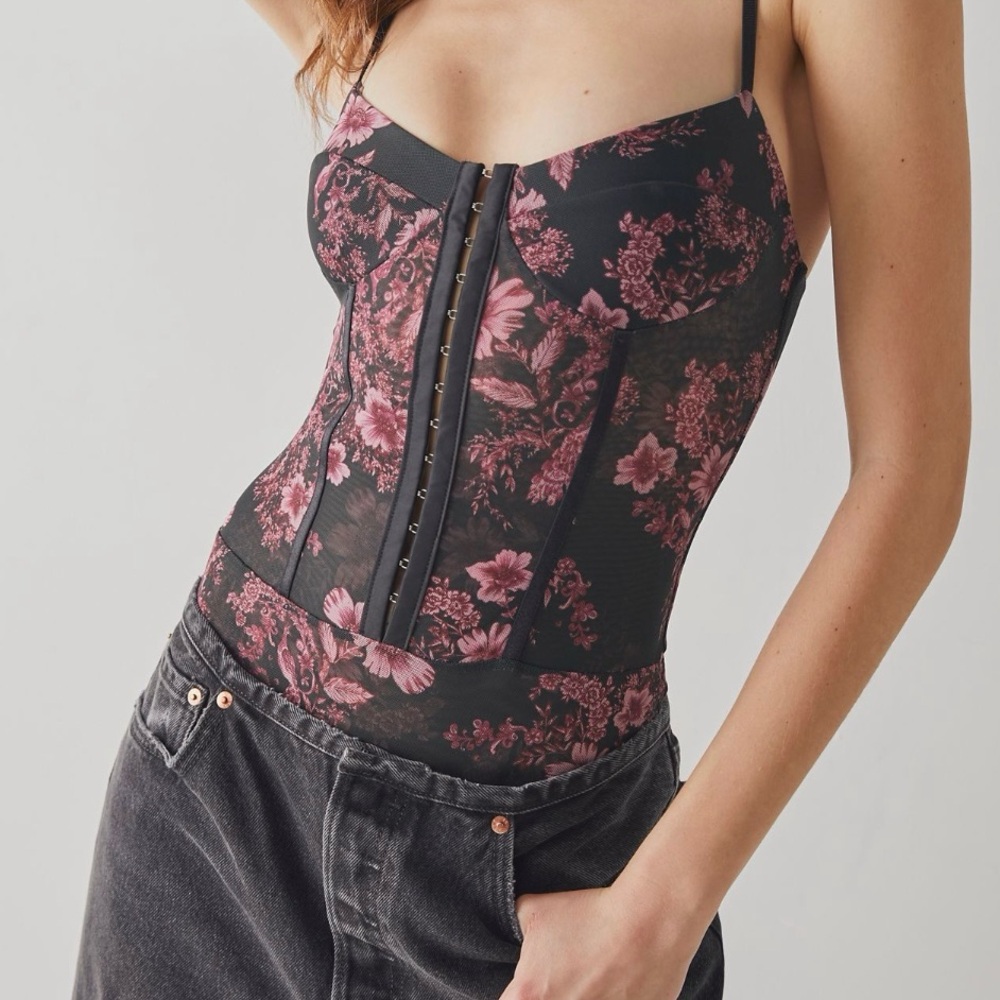 Free People Night Rhythm Floral Mesh Bodysuit Womens XS Black Pink Corset Style